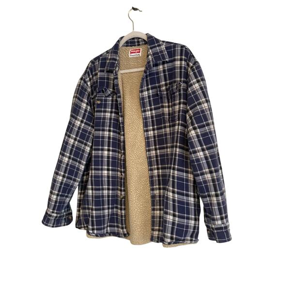Y2K Wrangler Blue White Plaid Cotton Sherpa Lined Button Down Shacket Sz Large - Picture 16 of 16